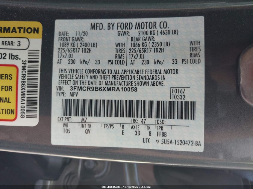 2021 Ford Bronco Sport Big Bend VIN: 3FMCR9B6XMRA10058 Lot: 43435233