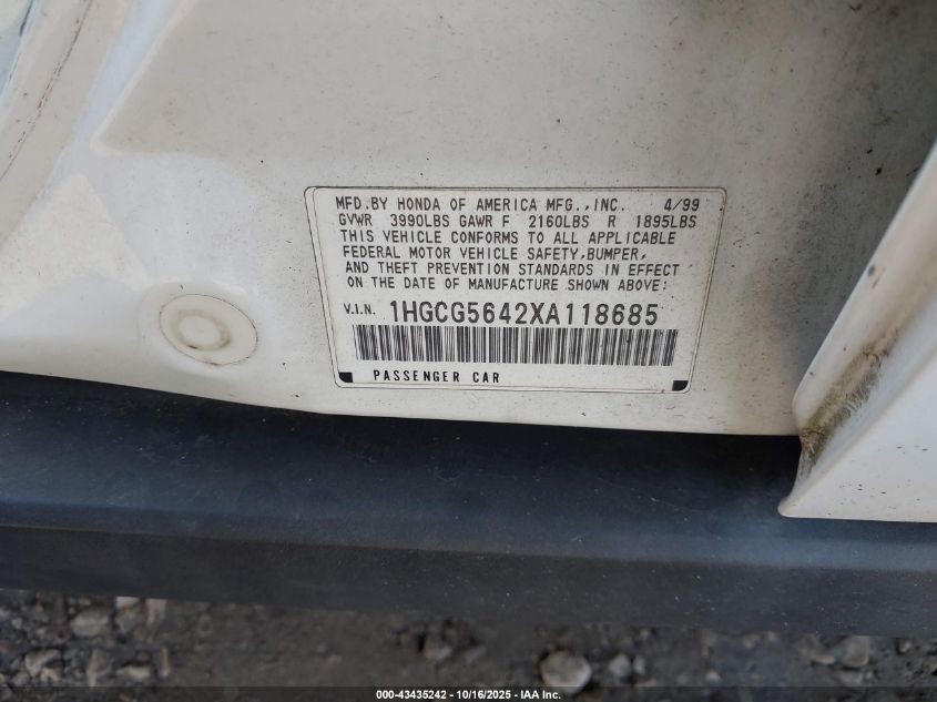 1999 Honda Accord Lx VIN: 1HGCG5642XA118685 Lot: 43435242
