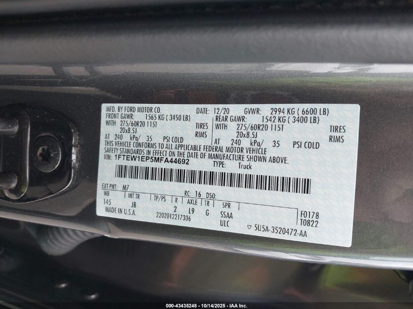 2021 Ford F150 Supercrew VIN: 1FTEW1EP5MFA44692 Lot: 43435248