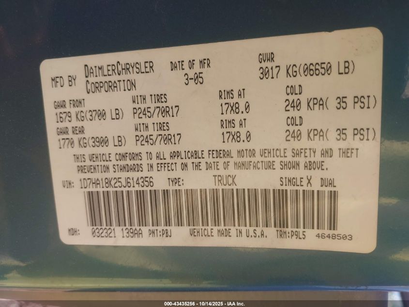 2005 Dodge Ram 1500 St VIN: 1D7HA18K25J614356 Lot: 43435256