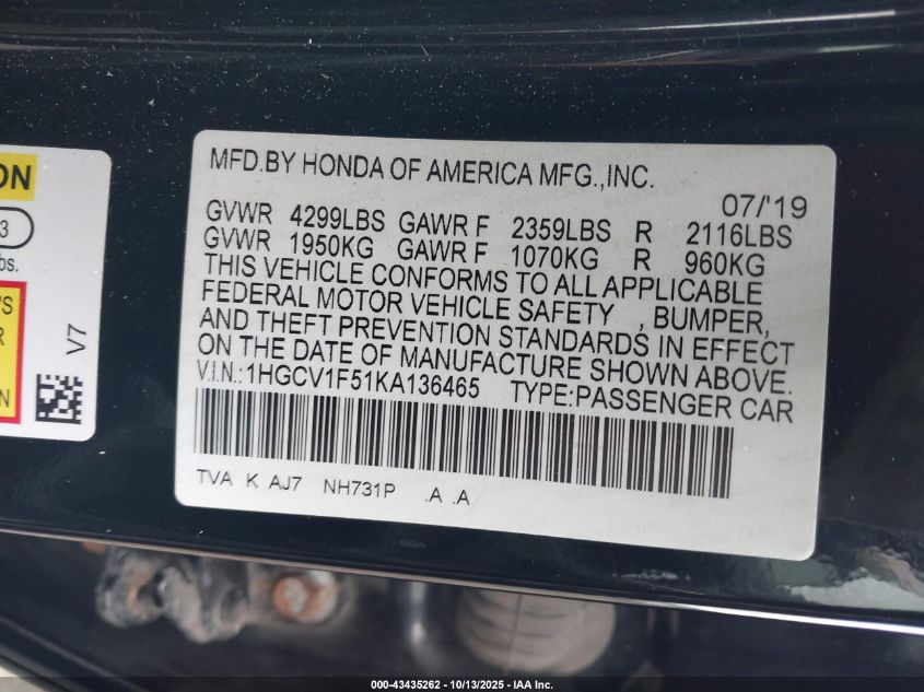 2019 Honda Accord Ex-L VIN: 1HGCV1F51KA136465 Lot: 43435262