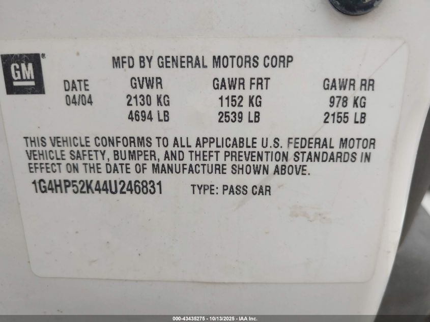 2004 Buick Lesabre Custom VIN: 1G4HP52K44U246831 Lot: 43435275