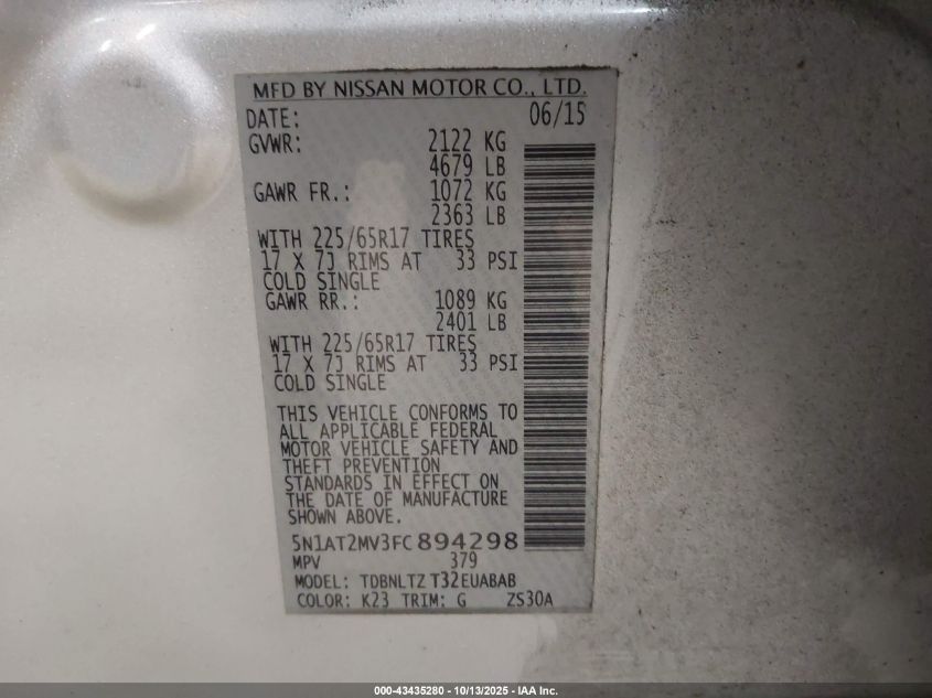 2015 Nissan Rogue Sv VIN: 5N1AT2MV3FC894298 Lot: 43435280