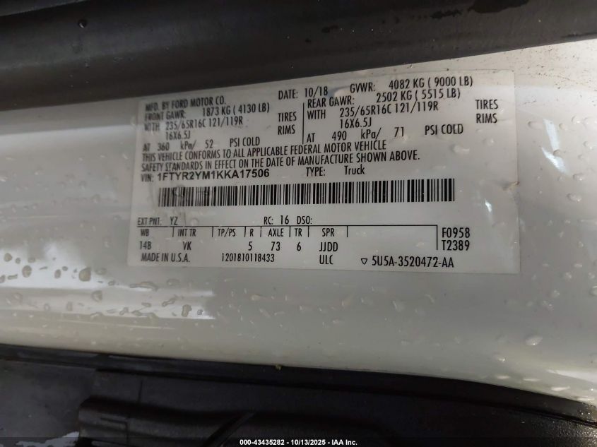 2019 Ford Transit-250 VIN: 1FTYR2YM1KKA17506 Lot: 43435282