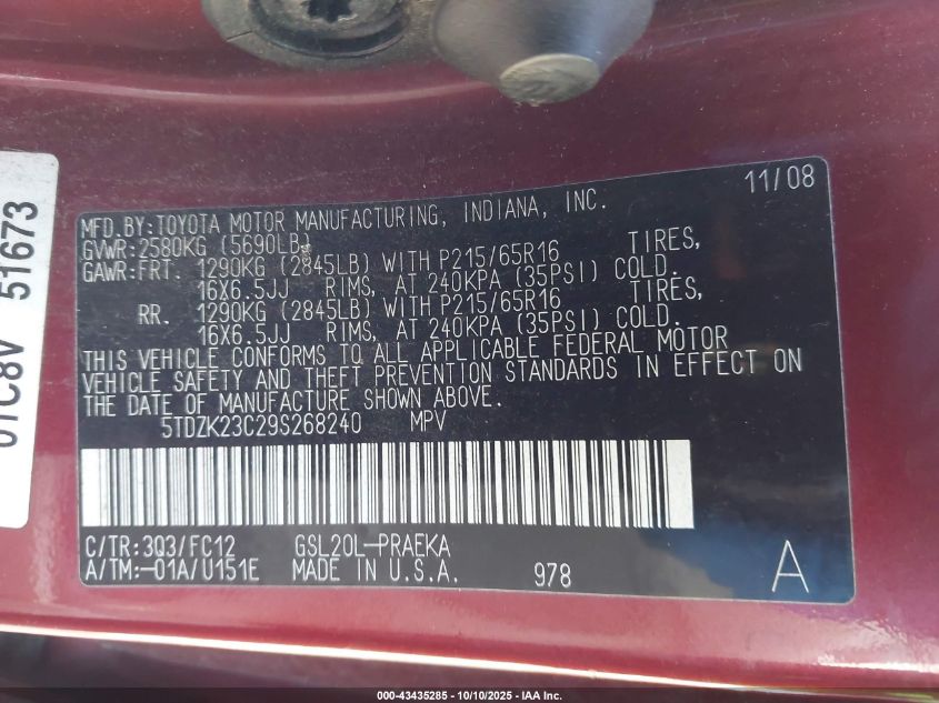 2009 Toyota Sienna Le VIN: 5TDZK23C29S268240 Lot: 43435285