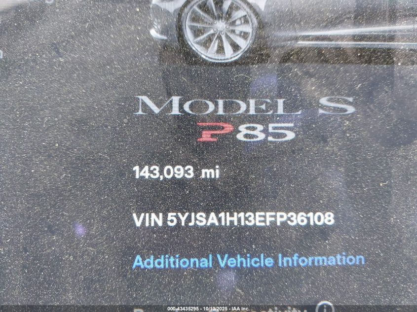 2014 Tesla Model S P85 VIN: 5YJSA1H13EFP36108 Lot: 43435295