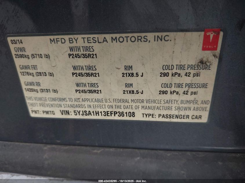 2014 Tesla Model S P85 VIN: 5YJSA1H13EFP36108 Lot: 43435295
