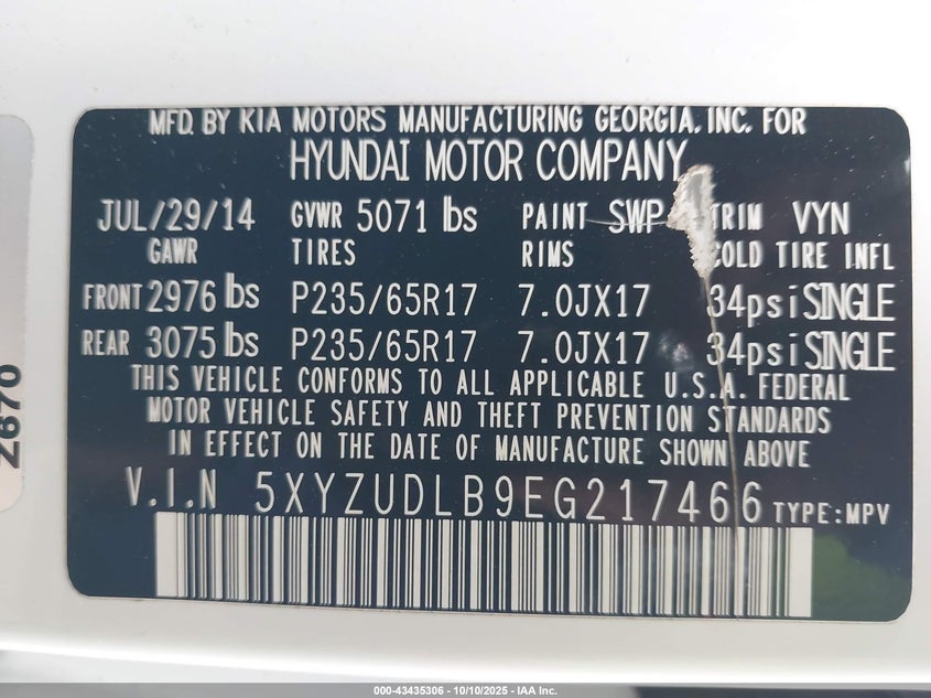 2014 Hyundai Santa Fe Sport 2.4L VIN: 5XYZUDLB9EG217466 Lot: 43435306