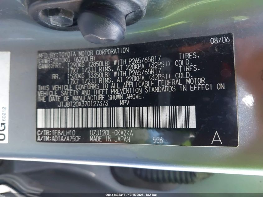 2007 Lexus Gx 470 VIN: JTJBT20X370127373 Lot: 43435316