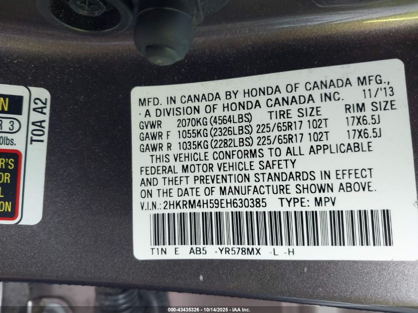 2014 Honda Cr-V Ex VIN: 2HKRM4H59EH630385 Lot: 43435326