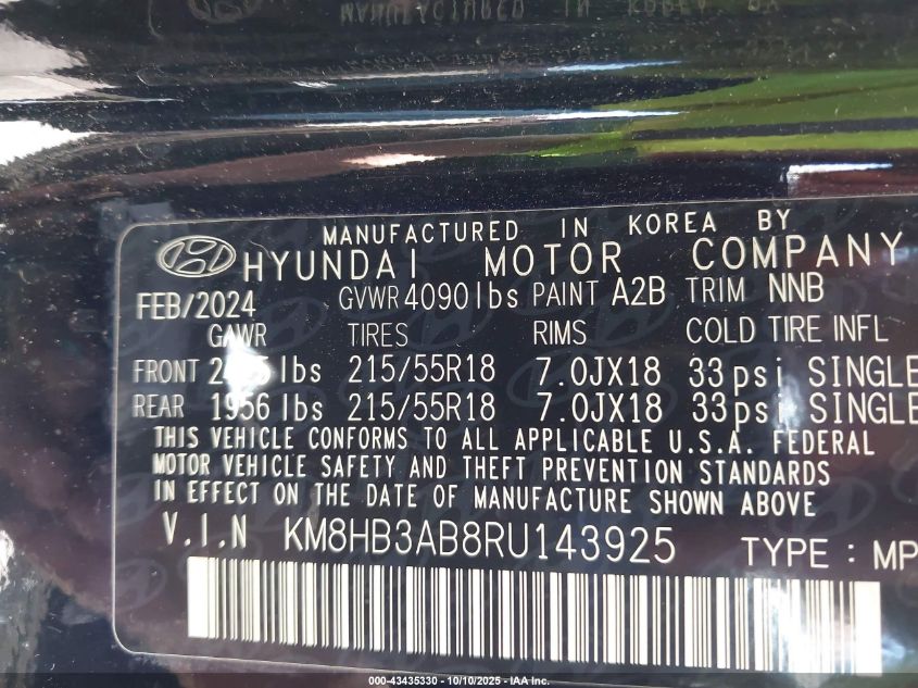 2024 Hyundai Kona Sel VIN: KM8HB3AB8RU143925 Lot: 43435330