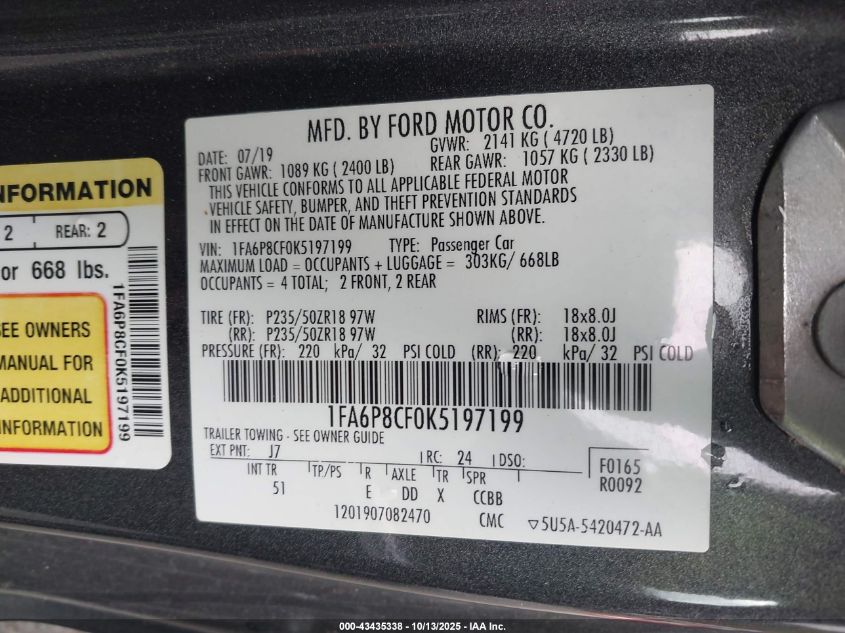 2019 Ford Mustang Gt Premium VIN: 1FA6P8CF0K5197199 Lot: 43435338