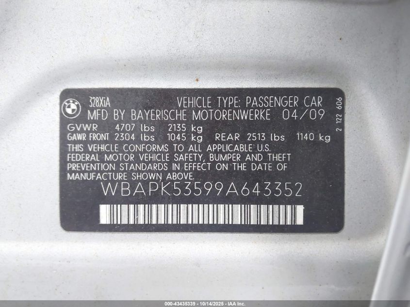 2009 BMW 328I xDrive VIN: WBAPK53599A643352 Lot: 43435339