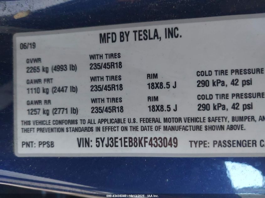 2019 Tesla Model 3 Long Range/Performance VIN: 5YJ3E1EB8KF433049 Lot: 43435340