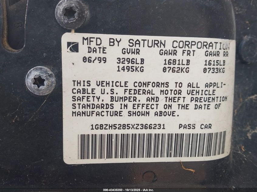 1999 Saturn Sl1 VIN: 1G8ZH5285XZ366231 Lot: 43435350
