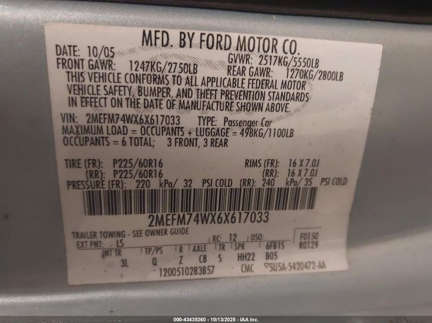 2006 Mercury Grand Marquis Gs VIN: 2MEFM74WX6X617033 Lot: 43435360