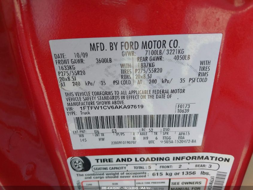 2010 Ford F-150 Fx2 Sport/Harley-Davidson/King Ranch/Lariat/Platinum/Xl/Xlt VIN: 1FTFW1CV6AKA97619 Lot: 43435367