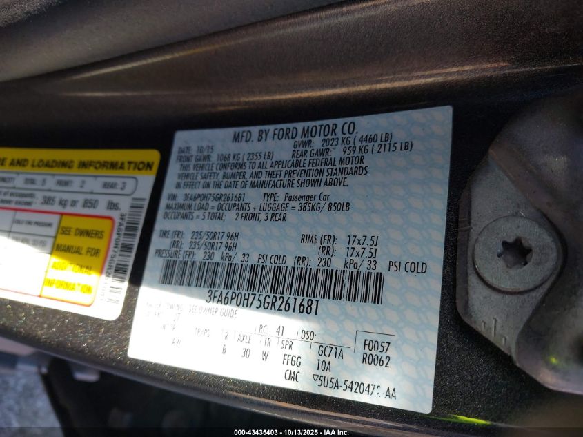 2016 Ford Fusion Se VIN: 3FA6P0H75GR261681 Lot: 43435403