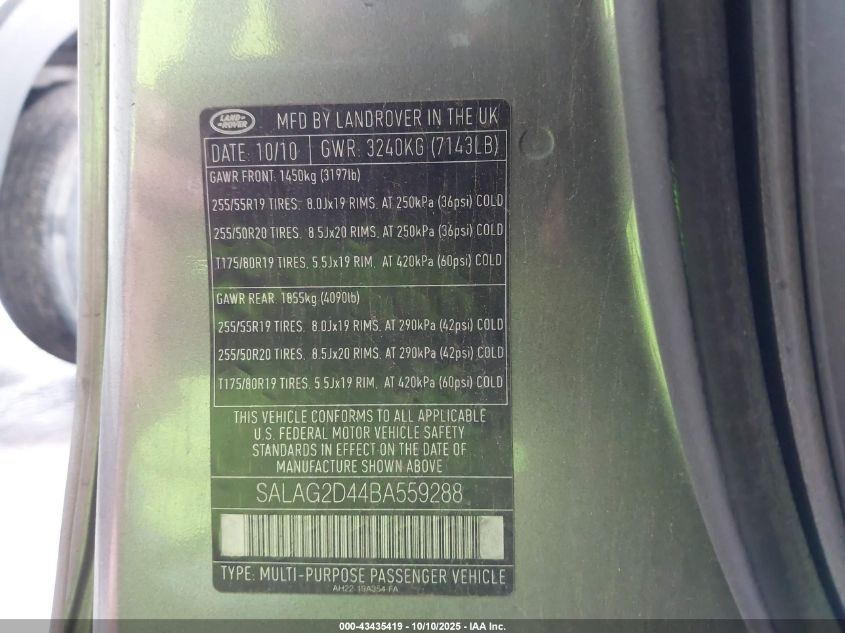 2011 Land Rover Lr4 VIN: SALAG2D44BA559288 Lot: 43435419