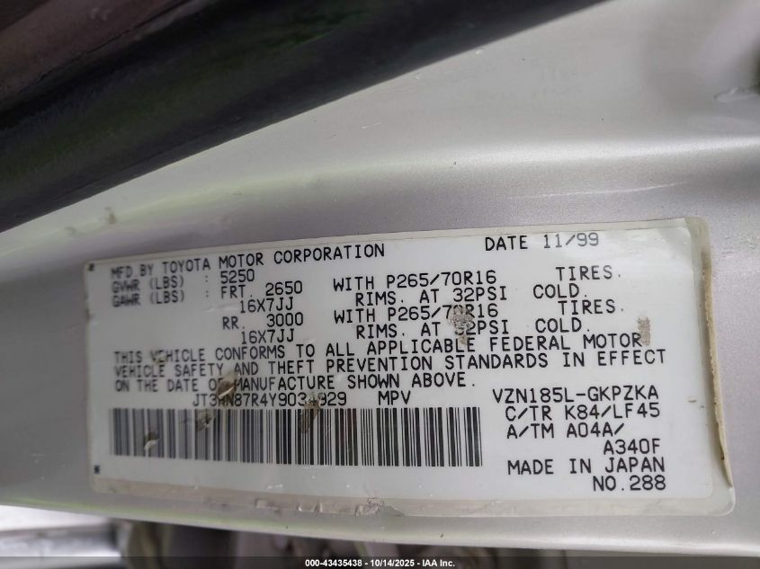 2000 Toyota 4Runner Limited V6 VIN: JT3HN87R4Y9034929 Lot: 43435438