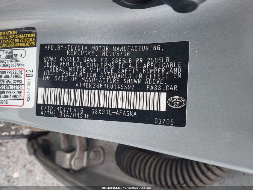 2006 Toyota Avalon Xls VIN: 4T1BK36B16U149592 Lot: 43435443