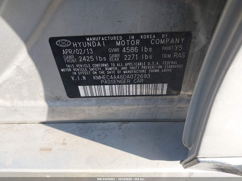 2013 HYUNDAI SONATA HYBRID LIMITED KMHEC4A46DA072UNK