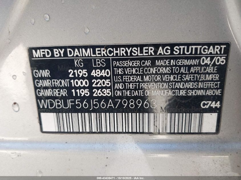 2006 Mercedes-Benz E 350 VIN: WDBUF56J56A798963 Lot: 43435471