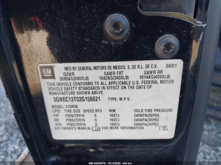 2002 Chevrolet Avalanche 1500 VIN: 3GNEC13T02G156621 Lot: 43435476