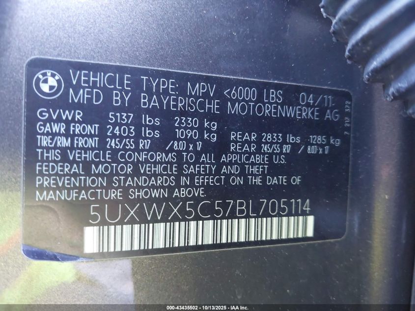 2011 BMW X3 xDrive28I VIN: 5UXWX5C57BL705114 Lot: 43435502