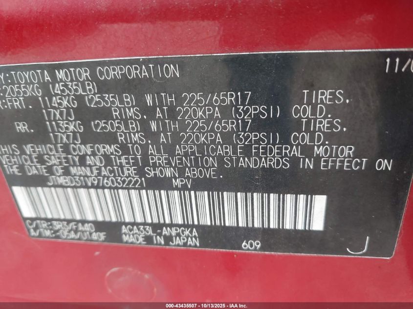 2007 Toyota Rav4 Limited VIN: JTMBD31V976032221 Lot: 43435507