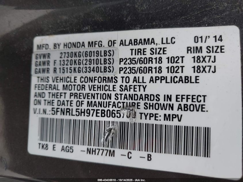 2014 Honda Odyssey Touring/Touring Elite VIN: 5FNRL5H97EB065709 Lot: 43435518