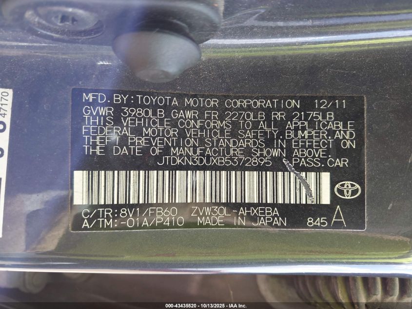 2011 Toyota Prius Two VIN: JTDKN3DUXB5372895 Lot: 43435520