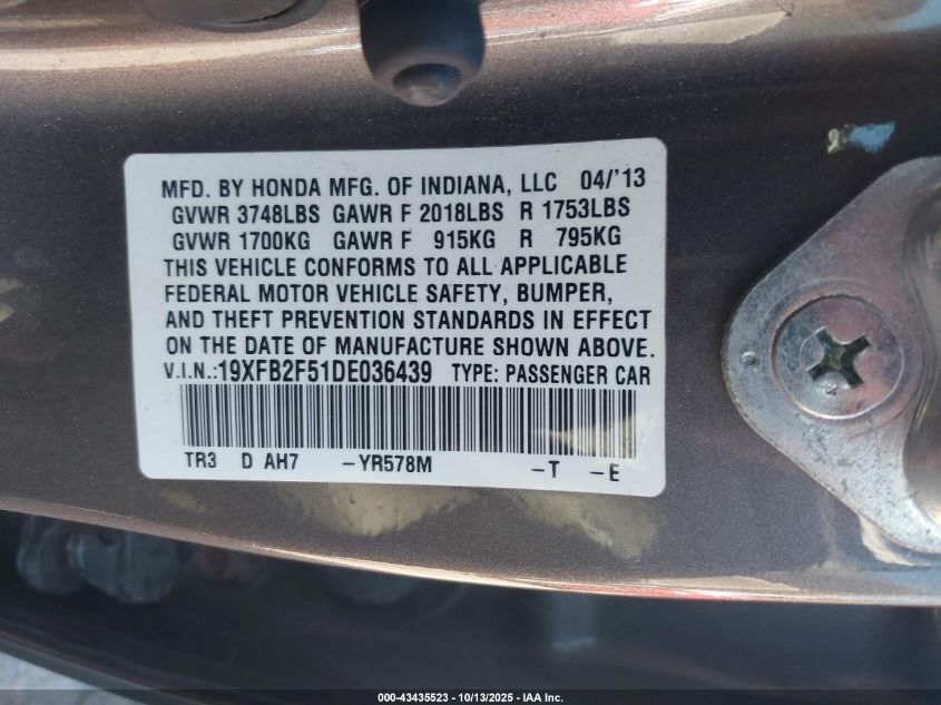 2013 Honda Civic Lx VIN: 19XFB2F51DE036439 Lot: 43435523