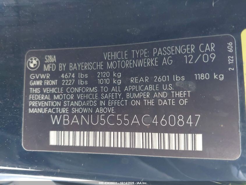 2010 BMW 528I VIN: WBANU5C55AC460847 Lot: 43435531