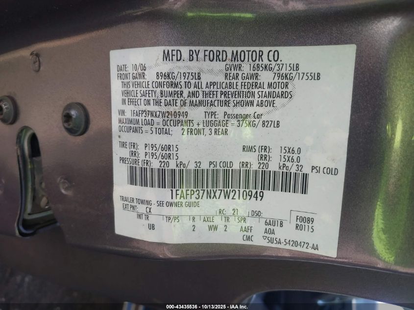 2007 Ford Focus S/Se/Ses VIN: 1FAFP37NX7W210949 Lot: 43435536