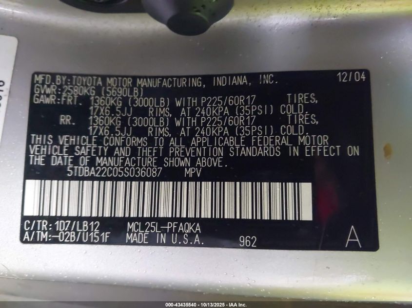 2005 Toyota Sienna Xle Limited VIN: 5TDBA22C05S036087 Lot: 43435540