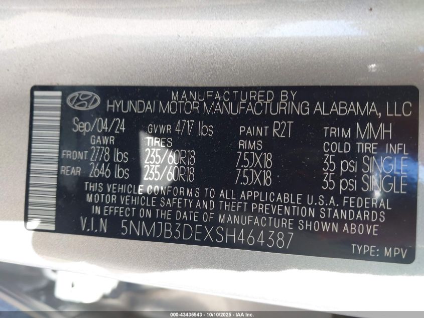 2025 Hyundai Tucson Sel VIN: 5NMJB3DEXSH464387 Lot: 43435543