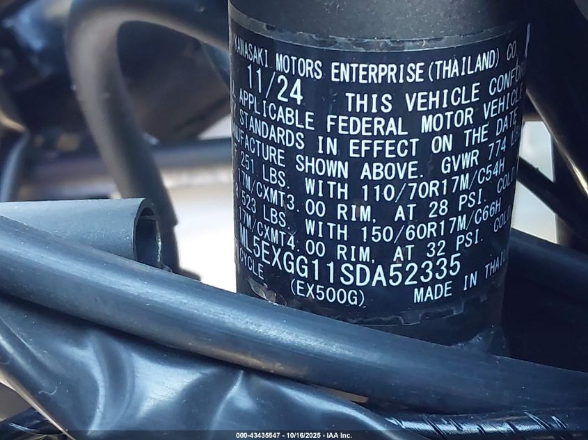 2025 Kawasaki Ex500 VIN: ML5EXGG11SDA52335 Lot: 43435547