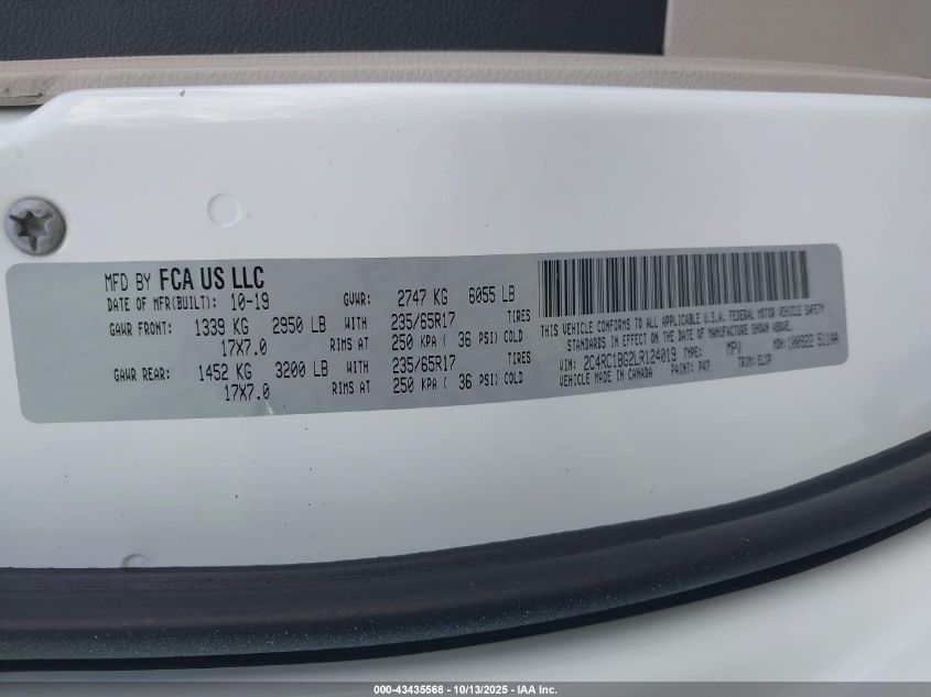 2020 Chrysler Pacifica Touring L VIN: 2C4RC1BG2LR124019 Lot: 43435568