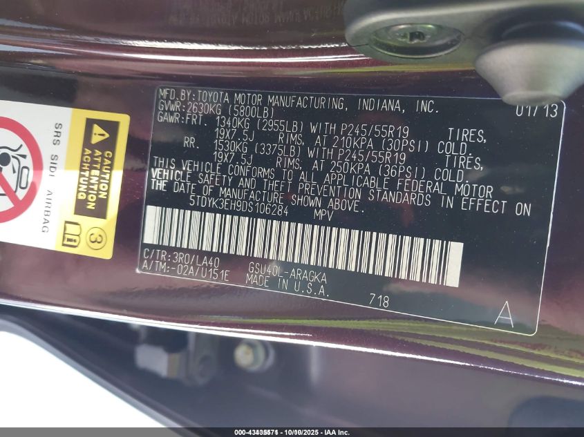 2013 Toyota Highlander Limited V6 VIN: 5TDYK3EH9DS106284 Lot: 43435571