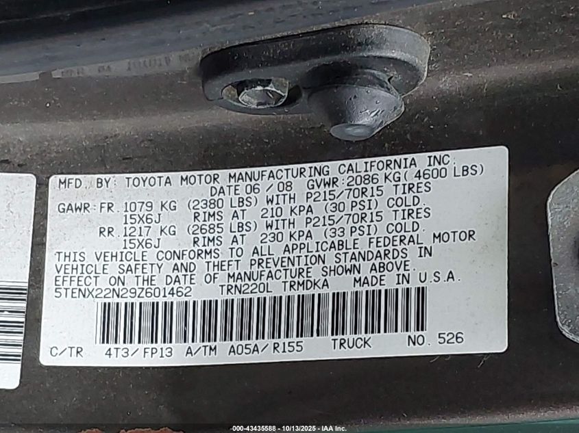2009 Toyota Tacoma VIN: 5TENX22N29Z601462 Lot: 43435588
