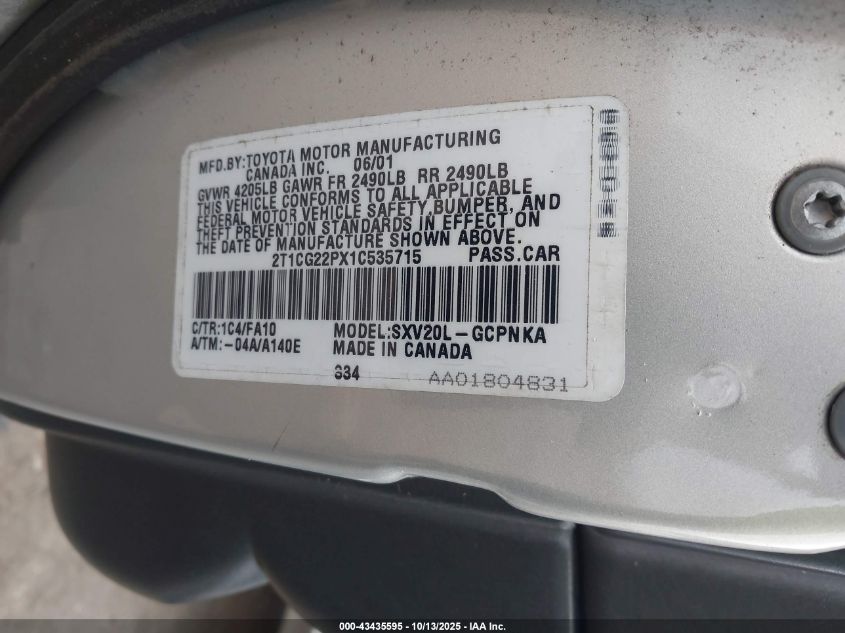 2001 Toyota Camry Solara Se VIN: 2T1CG22PX1C535715 Lot: 43435595