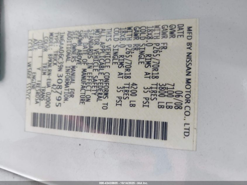 2009 Nissan Titan Se/Xe VIN: 1N6AA06E39N308795 Lot: 43435605