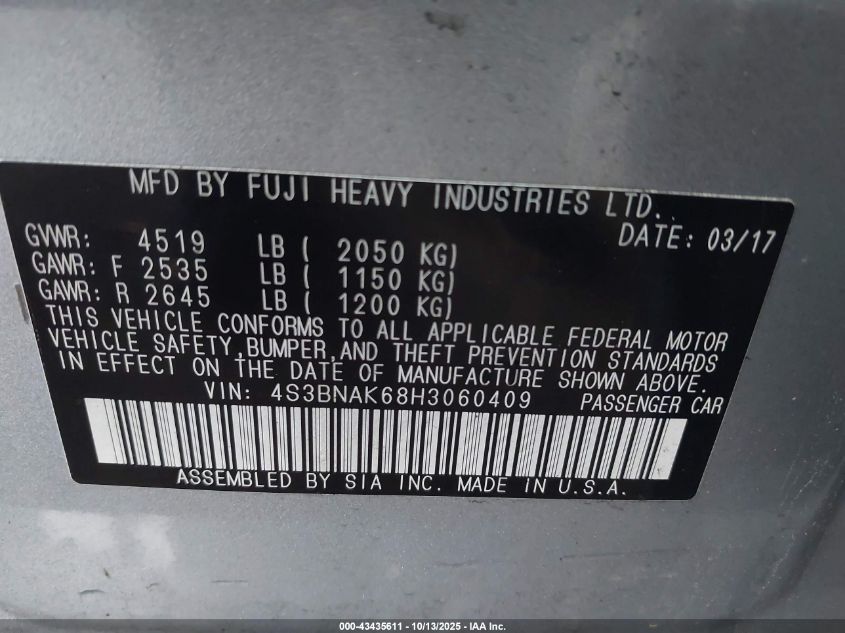 2017 Subaru Legacy 2.5I Limited VIN: 4S3BNAK68H3060409 Lot: 43435611