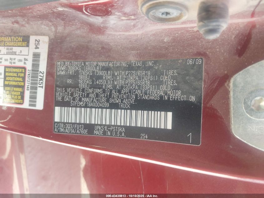 2010 Toyota Tundra Grade 4.6L V8 VIN: 5TFEM5F18AX004099 Lot: 43435613