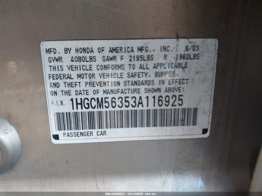 2003 Honda Accord 2.4 Lx VIN: 1HGCM56353A116925 Lot: 43435621