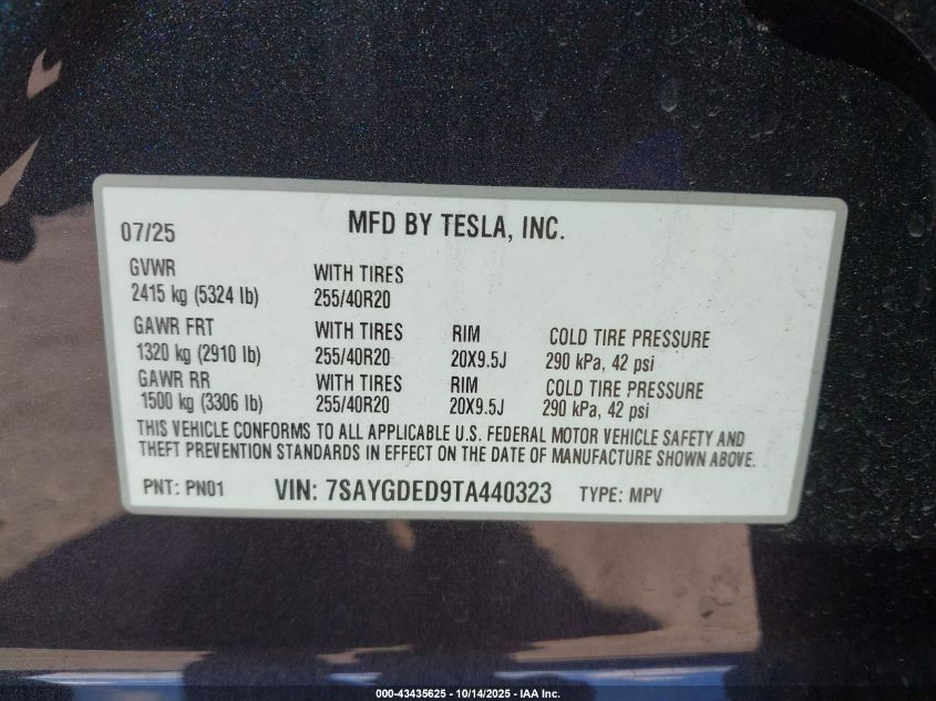 2026 Tesla Model Y Long Range Dual Motor All-Wheel Drive VIN: 7SAYGDED9TA440323 Lot: 43435625