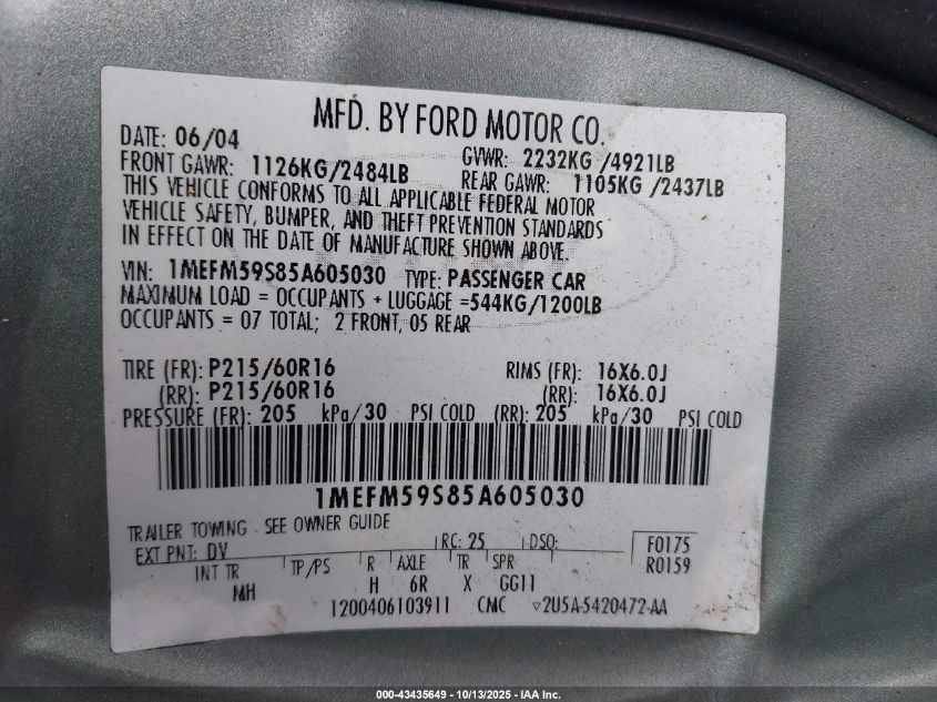 2005 Mercury Sable Ls VIN: 1MEFM59S85A605030 Lot: 43435649