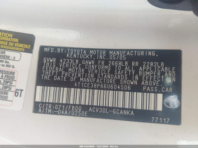 2006 Toyota Camry Solara Se VIN: 4T1CE38P66U604506 Lot: 43435656