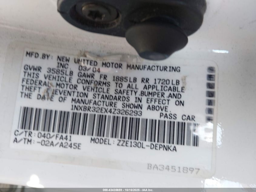 2004 Toyota Corolla Le VIN: 1NXBR32EX4Z326293 Lot: 43435659